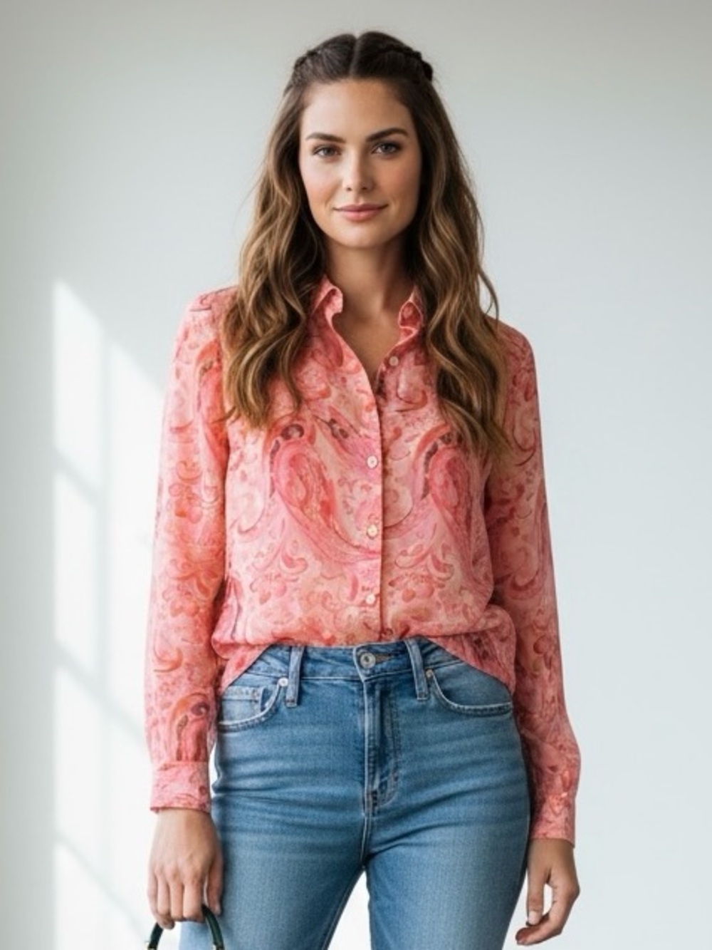 Ann Taylor 100% Silk Sheer Paisley Button Down Blouse Pink Coral | Size 6